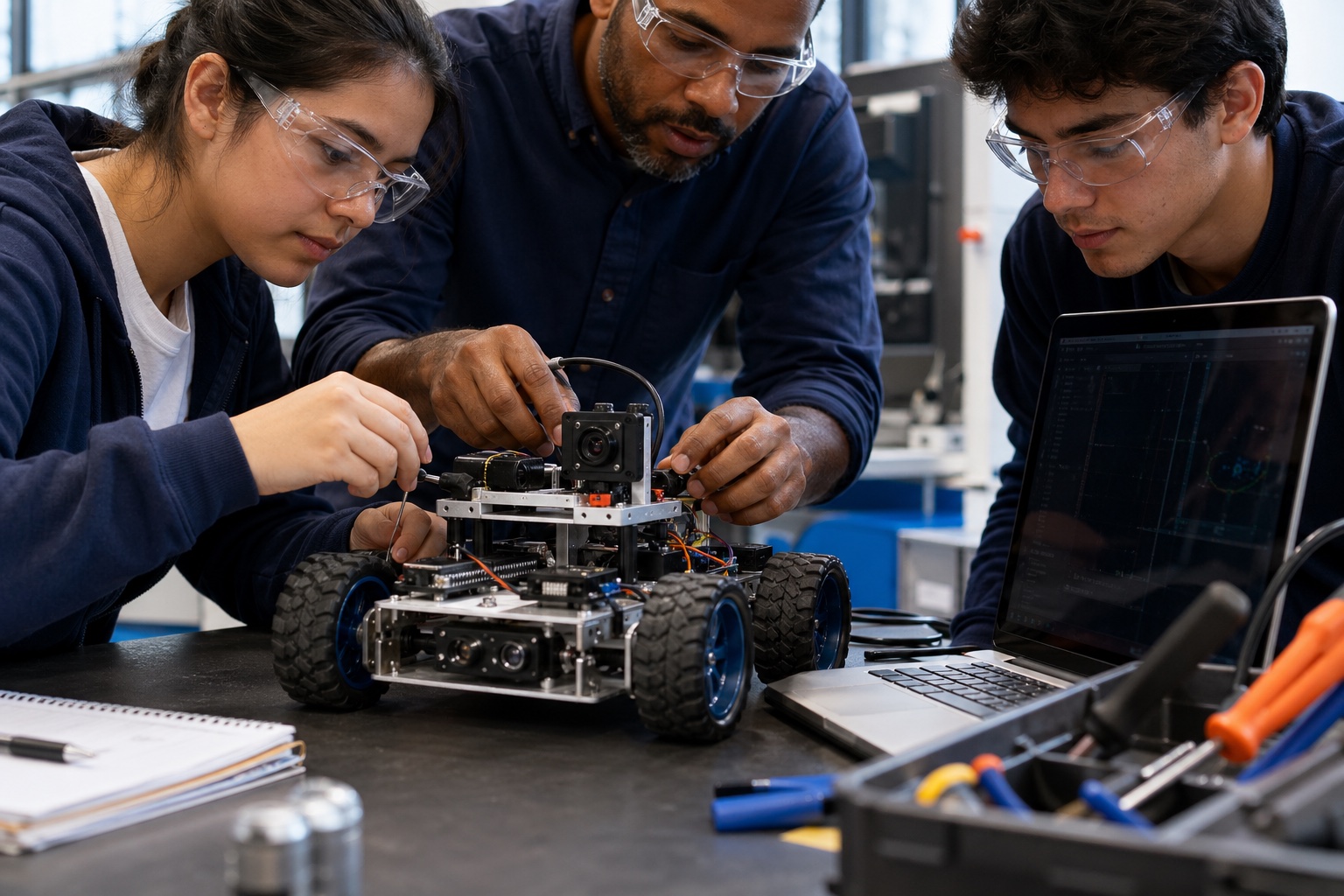 RoboVoTech students assembling and testing a small autonomous robot in a training workshop