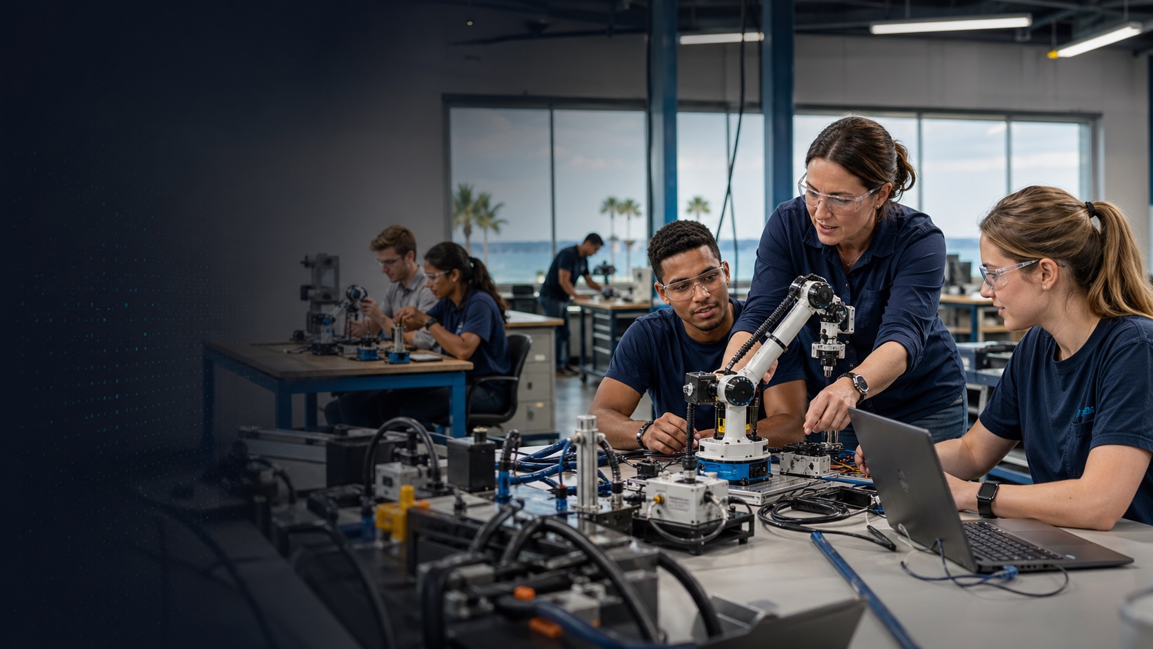 RoboVoTech students and instructor working with robotics equipment in a hands-on AI lab